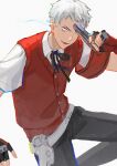  1boy absurdres armband belt black_pants buttons collared_shirt cropped_arms cropped_legs fingerless_gloves gloves glowing glowing_eye gun highres holding holding_weapon holster kobayashiyouyouko looking_at_viewer male_focus one_eye_covered pants persona persona_3 sanada_akihiko shirt short_hair short_sleeves smile solo sweater_vest weapon white_hair 