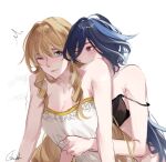  2girls alternate_costume assertive_female babydoll bare_arms bare_shoulders black_bra blonde_hair blue_eyes blue_hair bra clorinde_(genshin_impact) closed_mouth couple genshin_impact glaciel hair_between_eyes hand_on_another&#039;s_chest hug hug_from_behind light_blush long_hair looking_at_another multicolored_hair multiple_girls navia_(genshin_impact) one_eye_closed purple_eyes shirt simple_background trembling underwear upper_body white_babydoll white_background white_shirt yuri 