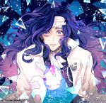  1boy bags_under_eyes bandaged_head bandaged_neck bandages black_shirt blue_background coat granblue_fantasy lapel_pin long_hair looking_at_viewer male_focus messy_hair open_collar orologia_(male) parted_lips pov pov_hands purple_eyes purple_hair reaching rimuro shards shirt solo straight-on surprised swept_bangs transparent upper_body wavy_hair white_coat wide-eyed 
