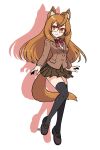  1girl animal_ear_fluff animal_ears black_thighhighs blazer bow breasts brown_footwear brown_hair brown_jacket brown_skirt closed_mouth collared_shirt colored_shadow commentary_request commission dress_shirt drop_shadow glasses hair_between_eyes highres jacket long_hair long_sleeves looking_at_viewer muu_(mumumer) orange_eyes original over-rim_eyewear pleated_skirt red-framed_eyewear red_bow semi-rimless_eyewear shadow shirt shoes simple_background skeb_commission skirt small_breasts smile solo tail thighhighs very_long_hair white_background white_shirt 