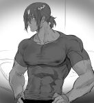  1boy abs ashwatthama_(fate) bara blush breath bursting_pectorals covered_abs covered_nipples dark-skinned_male dark_skin fate/grand_order fate_(series) gradient_background greyscale haiki_(tegusu) highres male_focus monochrome muscular muscular_male pectorals shirt simple_background solo sweat t-shirt upper_body 