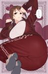  ... 1girl blush bra bra_visible_through_clothes breasts brown_hair heart heart_background highres idolmaster idolmaster_cinderella_girls jacket large_breasts looking_at_viewer lying mifune_miyu niku-name on_side open_clothes open_jacket pants patterned_background ponytail red_jacket red_pants shirt shoes sneakers solo spoken_ellipsis sweatdrop track_pants underwear white_bra white_shirt 