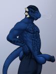  2023 anthro argonian balls bethesda_softworks big_balls blue_body blue_scales bottomwear butt circumcised clothed clothing digital_media_(artwork) genitals hi_res male muscular muscular_male pants pecs penis pulling_up_pants reptile scales scalie simple_background solo tall_lizzard_(artist) the_elder_scrolls tight_pants_(meme) topless topless_male tristen 