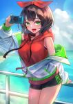  1girl absurdres aiming brown_hair camera commission green_eyes hakusyokuto highres holding holding_camera hood hoodie long_sleeves looking_at_viewer medium_hair off_shoulder open_mouth original outdoors red_hoodie skeb_commission smile solo taking_picture 