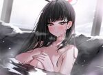  1girl absurdres black_hair blue_archive blush breasts cleavage commentary completely_nude halo hand_on_own_chest highres huge_breasts looking_at_viewer nude onsen partially_submerged red_eyes refraction rio_(blue_archive) rock smile snow snowing solo steam straight_hair symbol-only_commentary yuki_(asayuki101) 