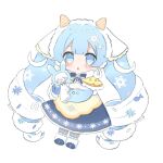  1girl :o animal beamed_eighth_notes bell blue_bow blue_bowtie blue_eyes blue_footwear blue_hair blue_hood blue_mittens blue_skirt blush boots bow bowtie capelet cheese chibi commentary curly_hair eighth_note fake_horns food fur-trimmed_boots fur_trim hair_ornament hatsune_miku highres holding holding_animal horns ice_cream_cone layered_skirt light_blue_hair long_hair looking_at_viewer mimm_02 musical_note musical_note_hair_ornament neck_bell open_mouth pacifier rabbit_yukine skirt solo sprinkles swiss_cheese twintails very_long_hair vocaloid waffle_cone white_background white_hair white_headdress yellow_capelet yellow_skirt yuki_miku 
