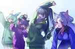  4girls ahoge alternate_costume animal_ears annoyed arm_over_head arm_up arms_up bent_over black_hair blue_jacket blue_pants blunt_bangs blush breasts breath chestnut_mouth closed_eyes commentary_request curtained_hair fox_ears fox_girl gradient_background green_hair green_jacket green_pants green_shorts grey_background hand_on_own_hip headgear high_collar high_ponytail highres jacket large_breasts leaning_to_the_side long_hair long_sleeves marutsubo morning multiple_girls o3o open_mouth pants pink_eyes pink_shirt ponytail purple_eyes purple_jacket purple_pants shirt shorts siblings sidelocks signature sisters sleeves_past_wrists smile stretching touhoku_itako touhoku_kiritan touhoku_zunko track_jacket track_suit twintails voiceroid voicevox wavy_mouth zipper zundamon 