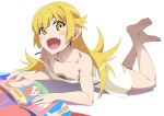 1girl :d bakemonogatari bare_shoulders barefoot blonde_hair blush_stickers breasts collarbone downblouse dress excited fang feet feet_up flipped_hair full_body gesugesu_ahoaho hair_flaps looking_at_viewer lying magazine_(object) monogatari_(series) on_stomach open_mouth oshino_shinobu pointy_ears ringed_eyes sidelocks simple_background small_breasts smile solo strap_slip sundress the_pose white_background white_dress yellow_eyes 