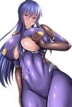  1girl absurdres akiyama_rinko blue_hair bodysuit breasts cameltoe closed_mouth clothing_cutout commentary_request covered_navel covered_nipples hair_between_eyes highres huge_breasts impossible_bodysuit impossible_clothes kanna_(minamozuki) long_hair looking_at_viewer ponytail purple_bodysuit purple_eyes smile solo taimanin_(series) taimanin_suit taimanin_yukikaze underboob underboob_cutout white_background 