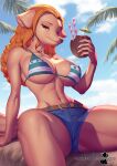  2023 anthro belt beverage big_breasts bikini bikini_top bottomwear breasts brown_eyes canid canine clothing cocktail_garnish cocktail_umbrella coconut coconut_drink drinking_straw drupe_(fruit) eyebrows eyelashes female food fruit hair hi_res looking_at_viewer mammal minkmen_(one_piece) navel one_piece orange_hair outside pakwan008 palm_tree plant shorts sitting solo spread_legs spreading swimwear tree wanda_(one_piece) 