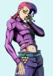  1boy braid brown_eyes clothing_cutout commentary frog highres ishimoto_shun&#039;ichi jojo_no_kimyou_na_bouken leaning_back male_focus midriff mismatched_pupils navel pants pink_hair purple_pants single_braid solo vento_aureo vinegar_doppio 