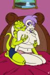  anthro bed bite breast_fondling breast_play breasts canon_x_oc chameleon_(mighty_ducks) clothing curvy_figure digit_ring duo fan_character female fondling foreplay from_behind_position furniture green_body green_scales hair hand_on_breast hi_res husband_and_wife jewelry male male/female markings married_couple mighty_ducks nibbling nipple_fetish nipple_play on_bed one_eye_closed orange_eyes purple_eyes purple_hair ring sabrina_(kendraeevee) saurian_(disambiguation) scales self_bite sex shenvalor sitting spots spotted_markings underwear wedding_ring white_body white_scales yellow_sclera 