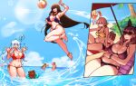  ! 4girls 6+girls absurdres ahoge anklet artemis_(fate) ayanobro ball barefoot beach beachball bear bikini blonde_hair blue_eyes blue_sky blush book breasts brown_eyes brown_hair bush chibi cleavage closed_eyes closed_mouth cloud collarbone day enkidu_(fate) fate/grand_order fate_(series) florence_nightingale_(fate) fujimaru_ritsuka_(female) gilgamesh_(fate) gold_bracelet gold_necklace green_hair hair_ornament happy highres huge_breasts innertube jewelry large_breasts long_hair mascot multiple_girls murasaki_shikibu_(fate) navel necklace ocean one-piece_swimsuit open_mouth orion_(bear)_(fate) outdoors pink_hair ponytail purple_bikini quetzalcoatl_(fate) reading red_bikini red_eyes side-tie_bikini_bottom sky smile swimsuit thick_thighs thighs tree very_long_hair wading water waves xuangzang_sanzang_(fate) yellow_bikini 