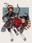  1girl :o arrow_(projectile) artist_name bead_necklace beads black_eyes black_hair blue_background blue_hair blue_sash bow_(weapon) braid brown_background brown_gloves centaur clothes_around_waist coat colored_inner_hair full_body fur-trimmed_coat fur-trimmed_headwear fur_trim gloves hands_up hat_feather holding holding_arrow holding_bow_(weapon) holding_weapon hooves horse_tail jewelry long_sleeves looking_to_the_side mandarin_collar monster_girl multicolored_hair necklace open_mouth original quiver red_coat red_headwear running sash sheath sheathed short_hair side_braid simple_background solo tail tassel taur traditional_clothes twitter_username weapon yotsu_kado 
