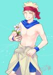  1boy blonde_hair blue_background blue_scarf blue_shorts brown_shirt character_request closed_eyes clothes_around_waist commentary_request dated eizennn feet_out_of_frame flower grin headband holding holding_flower male_focus medium_bangs navel no_nipples pectorals ragnarok_online red_headband scarf shirt shirt_around_waist short_hair shorts signature smile solo spiked_hair toned toned_male topless_male white_flower wristband 