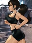  1girl ass bike_shorts black_shorts bouncing_breasts breasts brown_hair cleavage day final_fantasy final_fantasy_vii highres large_breasts long_hair loodncrood motion_blur outdoors ponytail running shorts solo sports_bra sweat tifa_lockhart 