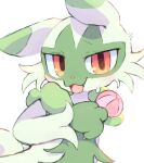  2023 3_fingers alternate_version_at_source ambiguous_gender anthro bodily_fluids cheek_tuft claws cute_fangs digital_media_(artwork) facial_tuft felid feline finger_claws fingers floragato fur generation_9_pokemon green_body green_fur hi_res holding_object looking_at_viewer mammal nintendo pink_eyes pokemon pokemon_(species) salmon_no_kaori simple_background solo sweat sweatdrop tongue tuft white_background 