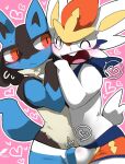  &lt;3 2022 anthro blue_body blue_fur blush buckteeth cinderace clothed clothing duo embarrassed embrace face_squish frottage fur generation_4_pokemon generation_8_pokemon hand_holding happy lucario male male/male moesouna_gomi nintendo open_mouth pokemon pokemon_(species) red_eyes sex squish tail teeth tenting underwear underwear_only white_body white_fur 