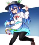  1girl alternate_eye_color alternate_hairstyle black_headwear black_pantyhose blue_hair blue_skirt braid center_frills commentary_request food frills fruit haruirokomici highres hinanawi_tenshi leaf long_hair long_sleeves open_mouth pantyhose peach rainbow_order skirt solo touhou twin_braids 