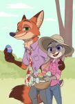  2023 aar0njay anthro canid canine clothed clothing day detailed_background digital_media_(artwork) dipstick_ears dipstick_tail disney duo easter easter_egg female fox fully_clothed green_eyes hat headgear headwear hi_res holding_object holidays judy_hopps lagomorph leporid looking_at_viewer male mammal markings multicolored_ears necktie nick_wilde open_mouth open_smile outside purple_eyes rabbit red_fox signature smile tail tail_markings zootopia 