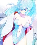  1girl aqua_hair bare_shoulders blue_eyes blue_hair breasts cowboy_shot hair_over_one_eye high_ponytail highres hime_cut ice leotard long_hair navel oyuki_(urusei_yatsura) pale_skin ponytail snowing solo tanaka_yutaka undressing urusei_yatsura white_hair 