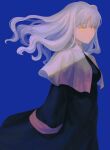 1girl 64kawa4 black_dress blue_background capelet caren_hortensia dress expressionless fate/hollow_ataraxia fate_(series) floating_hair highres long_hair looking_at_viewer simple_background sleeves_past_fingers sleeves_past_wrists solo upper_body white_capelet white_hair yellow_eyes 