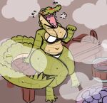  alligator alligatorid anthro bench bikini blush bodily_fluids breasts clothing crocodilian dubindore female green_body green_scales hi_res inside non-mammal_breasts on_bench open_mouth reptile sauna scales scalie sharp_teeth sitting slightly_chubby solo steam sweat swimwear tail teeth thick_tail thick_thighs wide_hips 