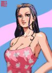  1girl absurdres aliasartworks black_hair blue_background breasts brown_eyes camisole cleavage earrings english_commentary eyelashes eyewear_on_head floral_print from_side highres jewelry long_hair looking_to_the_side nico_robin official_alternate_costume one_piece pink_background pink_camisole pink_lips sidelocks simple_background solo upper_body 