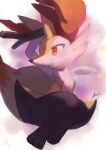  1girl animal_ear_fluff animal_ears animal_feet animal_nose arms_up artist_name black_fur blush body_fur braixen closed_mouth commentary english_commentary fang feet flat_chest fox_ears fox_girl fox_tail furry furry_female highres holding holding_stick ikei invisible_chair legs legs_together light_blush looking_to_the_side multicolored_fur neck_fur pink_background pokemon pokemon_(creature) profile signature sitting skin_fang snout solo stick tail white_fur yellow_fur 