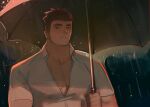  1boy archived_source bad_id bad_twitter_id bara brown_hair brown_theme collared_shirt expressionless highres holding holding_umbrella huge_pectorals long_sideburns male_focus muscular muscular_male night night_sky pectoral_cleavage pectorals protagonist_3_(housamo) shirt short_hair sideburns sky solo thick_neck tokyo_afterschool_summoners tyou umbrella upper_body 