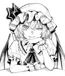  1girl ascot bat_wings commentary greyscale half-closed_eye hat hat_ribbon iro_marimo looking_at_viewer mob_cap monochrome remilia_scarlet ribbon short_hair short_sleeves solo touhou upper_body wings 