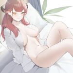  1girl absurdres annlee arm_support aru_(blue_archive) bed blue_archive breasts cleavage closed_mouth demon_horns dress_shirt highres horns large_breasts long_hair long_sleeves looking_at_viewer naked_shirt navel on_bed open_clothes open_shirt pillow red_hair shirt sitting smile solo stomach thighs white_shirt yellow_eyes 