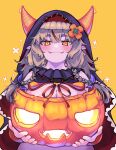  1girl absurdres bare_shoulders braid breasts brown_hair cape covering fangs hair_between_eyes halloween halloween_costume highres holding hood hood_up horns jack-o&#039;-lantern large_breasts looking_at_viewer low_twin_braids medium_hair nude_cover orange_eyes original pointy_ears pumpkin simple_background solo thick_eyebrows twin_braids yellow_background zao_(pixiv_15847342) 