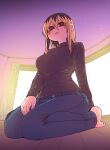  1girl :&lt; @_@ black_hair black_shirt blonde_hair blush breasts brown_hair ceiling denim feet highres jeans kinjo_no_hito_no_nakimushi kneeling large_breasts long_sleeves looking_at_viewer looking_down multicolored_hair no_shoes ochiai_(kinjo_no_hito_no_nakimushi) pants shirt two-tone_hair window zyugoya 