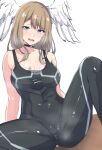  1girl absurdres arms_behind_back bare_arms bare_shoulders black_bodysuit black_choker blue_eyes blush bodysuit breasts brown_hair cameltoe choker cum cum_in_clothes cum_through_clothes dot_nose eunie_(xenoblade) feathered_wings head_wings highres large_breasts latte long_hair looking_at_viewer open_mouth pussy_juice simple_background sitting solo spread_legs sweat white_background wings xenoblade_chronicles_(series) xenoblade_chronicles_3 
