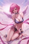  artist_name bikini breasts commission cover_image eva_solo highres lips looking_at_viewer medium_breasts original pink_eyes pink_hair pink_ribbon purple_bikini red_lips ribbon sandals short_hair sitting swimsuit white_wings wings wrist_cuffs 