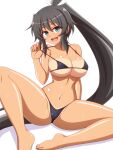  1girl armpit_crease barefoot bikini bikini_pull bikini_top_pull black_bikini black_hair blush breasts cameltoe clothes_pull collarbone commentary_request dark-skinned_female dark_skin fingernails green_eyes hair_ribbon high_ponytail homura_(senran_kagura) large_breasts linea_alba long_hair looking_at_viewer micro_bikini navel open_mouth partially_visible_vulva ponytail ribbon senran_kagura senran_kagura_shoujo-tachi_no_shin&#039;ei shiny_skin simple_background sitting smile solo spread_legs sweat swimsuit tan tanlines teeth tongue underboob upper_teeth_only very_long_hair wet white_background white_ribbon zetsumu 