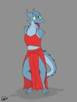  3:4 absurd_res ambiguous_gender amputee anthro armless blue_body bottomwear cfoxblu clothing colored digitigrade disability girly green_eyes happy hi_res kobold nonbinary_(lore) open_mouth red_clothing simple_background skirt solo spade_tail tail tail_spines 