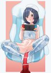  1boy ahegao_pattern ass black_eyes black_hair border bottomless chair dildo erection gaming_chair hair_ornament hairclip handheld_game_console highres holding holding_handheld_game_console large_penis male_focus mubo nintendo_switch original otoko_no_ko penis pink_background red_dildo sex_toy shirt sleeveless swivel_chair thighhighs white_border white_headwear white_shirt white_thighhighs yellow_nails 