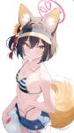  1girl animal_ear_fluff animal_ears ball bikini blue_archive blush breasts brown_eyes brown_hair commentary denim denim_shorts fox_ears fox_girl fox_tail hair_be hair_between_eyes highleg highleg_bikini highres holding holding_ball izuna_(blue_archive) izuna_(swimsuit)_(blue_archive) parted_lips preview_(preview0) short_shorts shorts simple_background small_breasts solo striped striped_bikini swimsuit symbol-only_commentary tail visor_cap white_background 