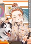  1girl absurdres collared_shirt dog drawing drawing_tablet floral_print highres holding holding_stylus husky leadin_the_sky one_eye_closed orange_eyes orange_hair original painting_(object) shirt solo stylus 