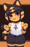  animal_crossing ankh ankha_(animal_crossing) anthro black_bottomwear black_clothing black_hair black_pants blush bottomwear choker clothed clothing eyewear felid feline female fishnet goth hair hi_res jewelry legwear looking_at_viewer mammal nauskills necklace nintendo open_mouth pants paws purple_eyes shirt short_hair short_stack shorts simple_background smile solo stripped_tail tail thick_thighs thigh_highs topwear tucked_shirt yellow_body 