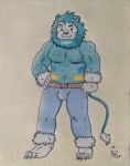  4_toes 5_fingers absurd_res anthro barazoku belt blue_bottomwear blue_clothing blue_pants bottomwear bulge clothed clothing coat dashthefox eyebrows feet felid fingers fur green_background hand_on_hip hi_res lion looking_at_viewer male mammal mane manly multicolored_body muscular muscular_anthro muscular_male pantherine pants pecs simple_background smile standing tail tail_tuft teal_body teal_clothing teal_eyes teal_nose thick_eyebrows toes topwear traditional_media_(artwork) tuft 