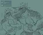  &lt;3 2023 alligator alligatorid anthro blush bodily_fluids bottomwear clawed_fingers claws clothed clothing consecrated_fanged_beast_(genshin_impact) consecrated_horned_crocodile_(genshin_impact) crocodile crocodilian crocodylid crossed_arms digital_media_(artwork) duo flirting genshin_impact gesture hair horn loincloth loincloth_only looking_away male male/male mammal mihoyo monochrome muscular open_mouth pointing pointing_at_another reptile scales scalie simple_background size_difference sketch sweat sweatdrop teeth topless topless_anthro topless_male xeoniios 