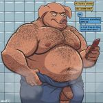  1:1 after_shower anthro body_hair chest_hair chubby_male domestic_pig flaccid foreskin genitals grindr hairy hi_res joe_(nanoff) male mammal mature_male nanoff penis phone solo suid suina sus_(pig) texting towel towel_around_waist towel_only wet wet_body 