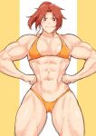  1girl abs absurdres bikini breasts cameltoe flexing grin hand_on_own_hip harurukan highres large_breasts looking_at_viewer midriff muscular muscular_female original ponytail red_eyes red_hair short_hair simple_background smile solo stomach swimsuit thick_thighs thighs 