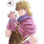  1boy black_nails blonde_hair commentary_request dio_brando ear_birthmark from_side grm_jogio jojo_no_kimyou_na_bouken lowres male_focus phantom_blood purple_scarf red_eyes scarf simple_background solo spoken_squiggle squiggle suspenders torn_clothes vampire white_background 