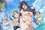  4girls alternate_costume ash_arms belt bikini black_hair blue_eyes blush breasts cleavage collarbone commentary_request fang goggles goggles_on_head grey_hair highres kita_(kitairoha) long_hair medium_breasts multiple_girls navel one_eye_closed open_mouth swimsuit water_gun yellow_eyes 