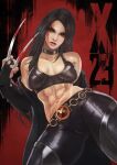  abs absurdres bare_shoulders black_gloves black_hair blood breasts chain_belt claws collar gloves green_eyes highres laura_kinney leather leather_pants marvel midriff monori_rogue pants red_background x-23 x-men 