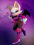  1girl absurdres bat_wings bodysuit boots chaos_emerald gloves green_eyes heart highres looking_at_viewer pink_lips roboticsteve rouge_the_bat signature sonic_(series) v white_gloves wings zoom_layer 
